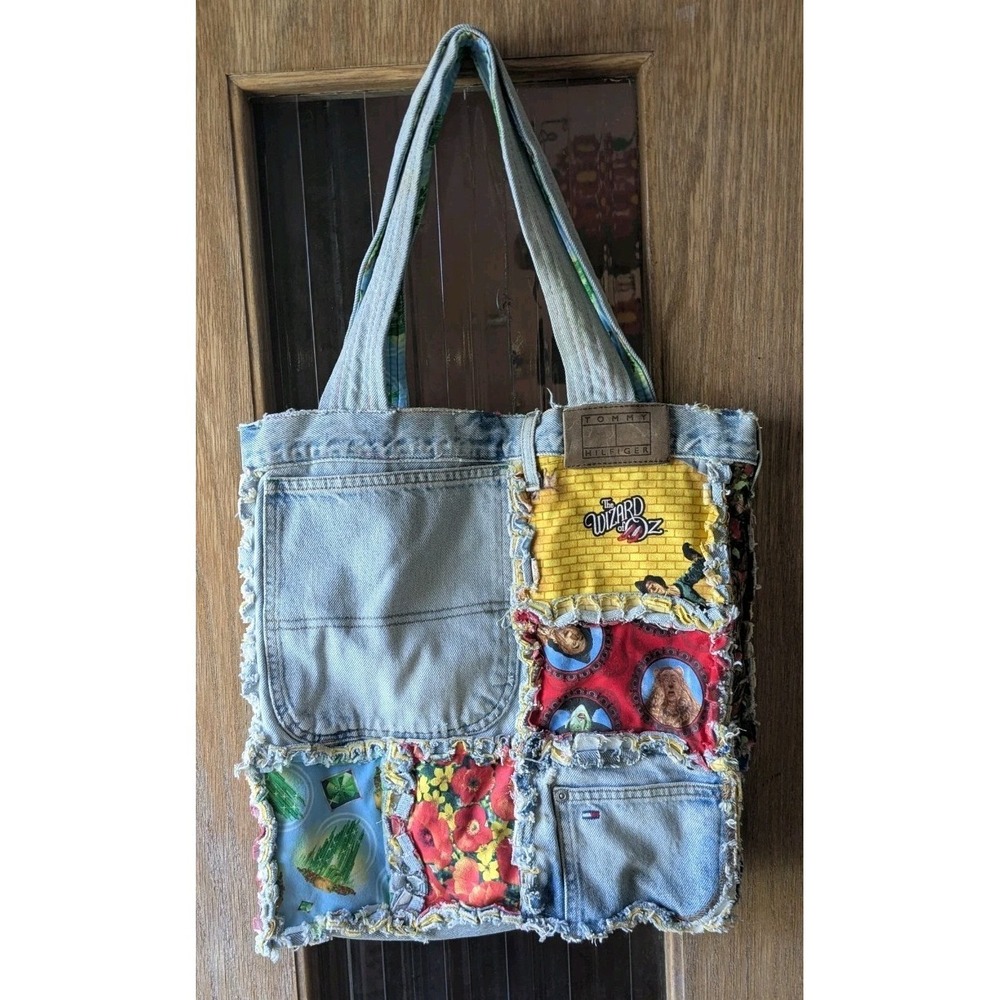 Upcycled Denim Tote Bag Wizard Of Oz Patchwork Tommy Hilfiger Handmade Jeans - Picture 4 of 14
